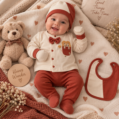 Baby Erstausstattung 5-teilig – Baumwollset mit Löwenmotiv in Creme/Rotbraun