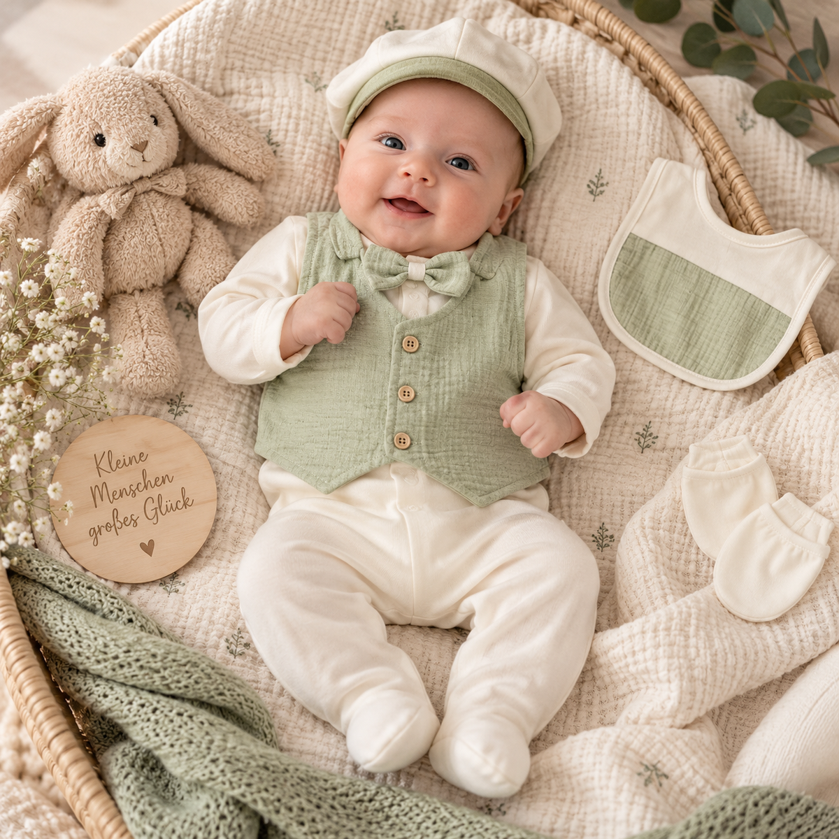 Elegantes 5-teiliges Baby Outfit Set mit Musselin-Weste & Schleife