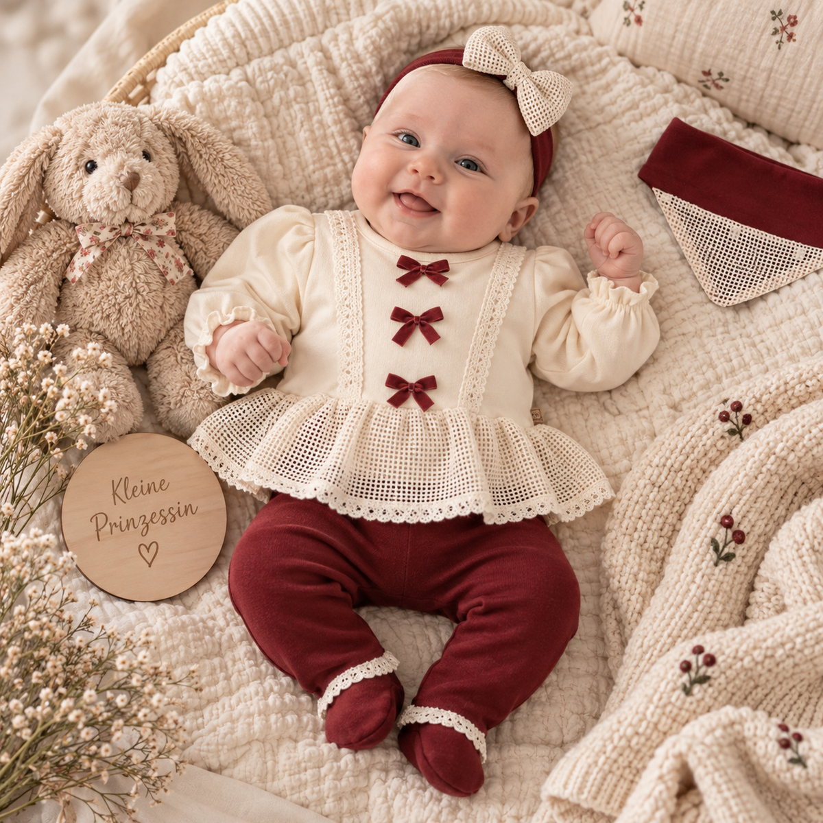 5-teiliges Baby Outfit Set – Langarmshirt, Hose, Stirnband, Handschuhe & Halstuch in Creme/Bordeaux