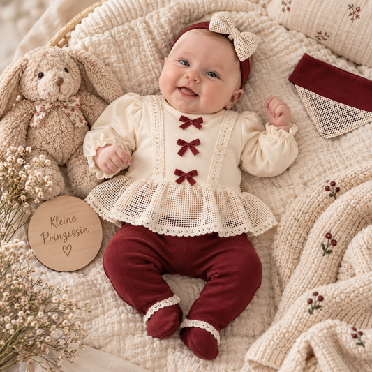 5-teiliges Baby Outfit Set – Langarmshirt, Hose, Stirnband, Handschuhe & Halstuch in Creme/Bordeaux