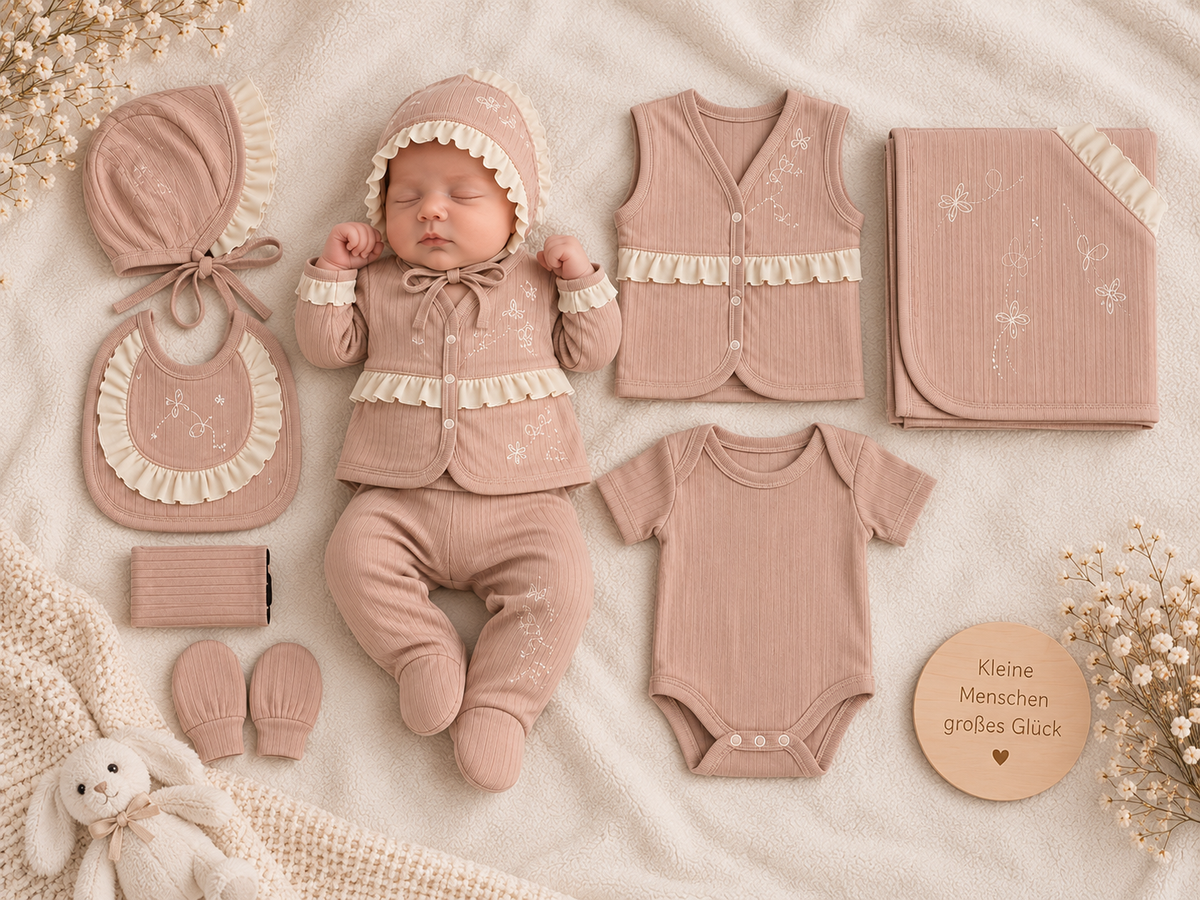 Neugeborenen Erstlingsset „Vintage Rose“ – 10-teiliges Baby-Set für Mädchen | 100% Baumwolle & Decke inklusive