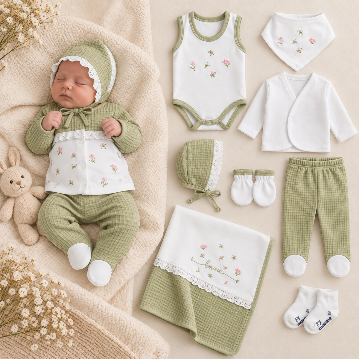 Neugeborenen Erstlingsset „Little Flowers“ – 10-teiliges Baby-Set für Mädchen | 100% Baumwolle & Decke inklusive