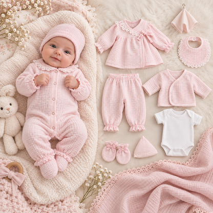 Neugeborenen Erstlingsset „Pink Dream“ – 10-teiliges Baby-Set für Mädchen | 100% Baumwolle & Decke inklusive