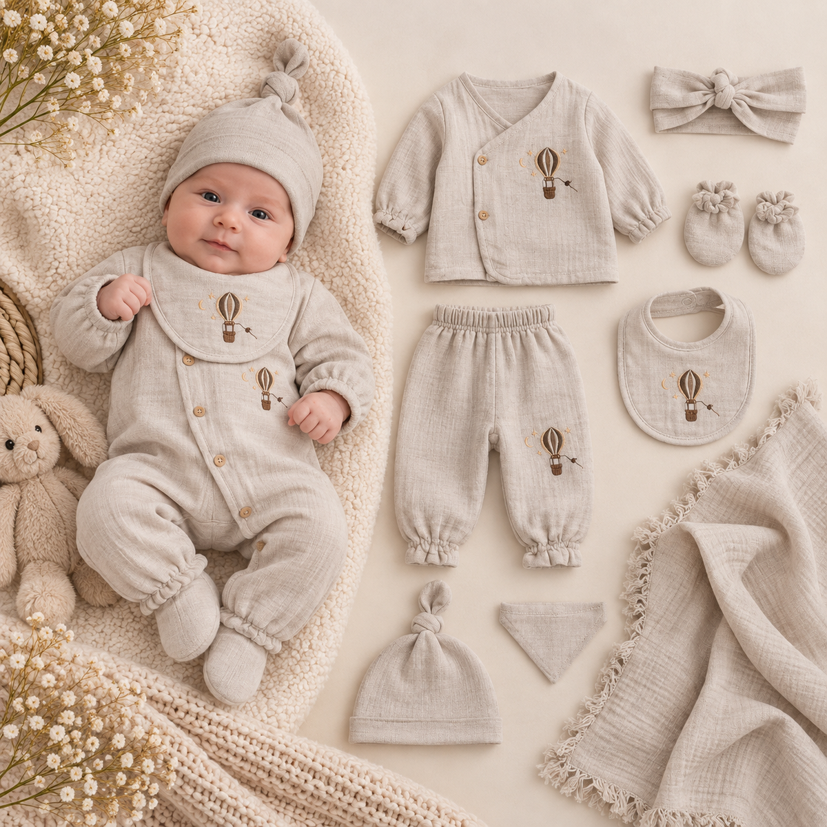 Neugeborenen Erstlingsset „Hot Air Balloon“ – 10-teiliges Baby-Set für Jungen | 100% Baumwolle & Decke inklusive