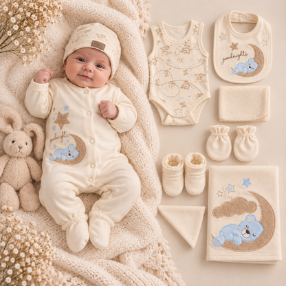 Neugeborenen Erstlingsset „Good Night Bear“ – 10-teiliges Baby-Set für Mädchen & Jungen | 100% Baumwolle