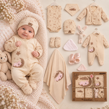 Neugeborenen Erstlingsset „Good Night Bear“ – 10-teiliges Baby-Set für Mädchen & Jungen | 100% Baumwolle