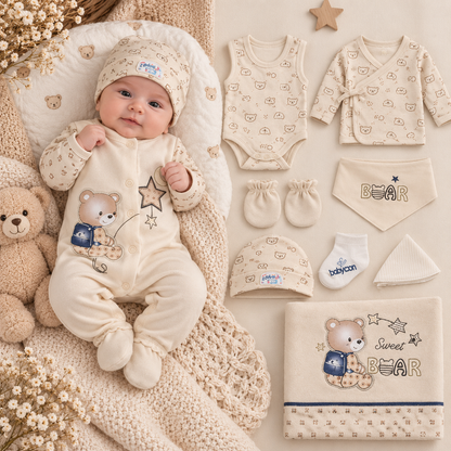 Neugeborenen Erstausstattung „Sweet Bear“ – 10-teiliges Baby-Set | Overall, Body & Zubehör