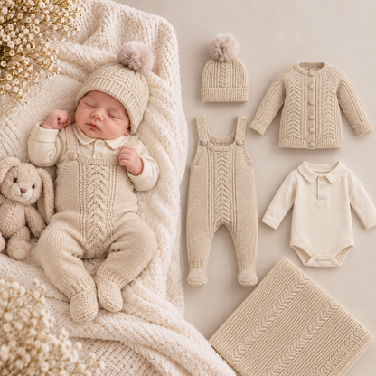 Unisex Erstlingsset – 5-teilig | Strick | Decke inklusive | Neutrale Farbe