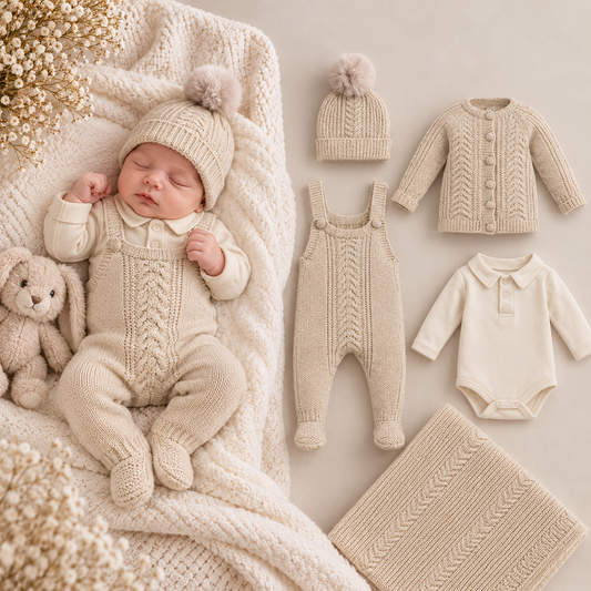 Unisex Erstlingsset – 5-teilig | Strick | Decke inklusive | Neutrale Farbe