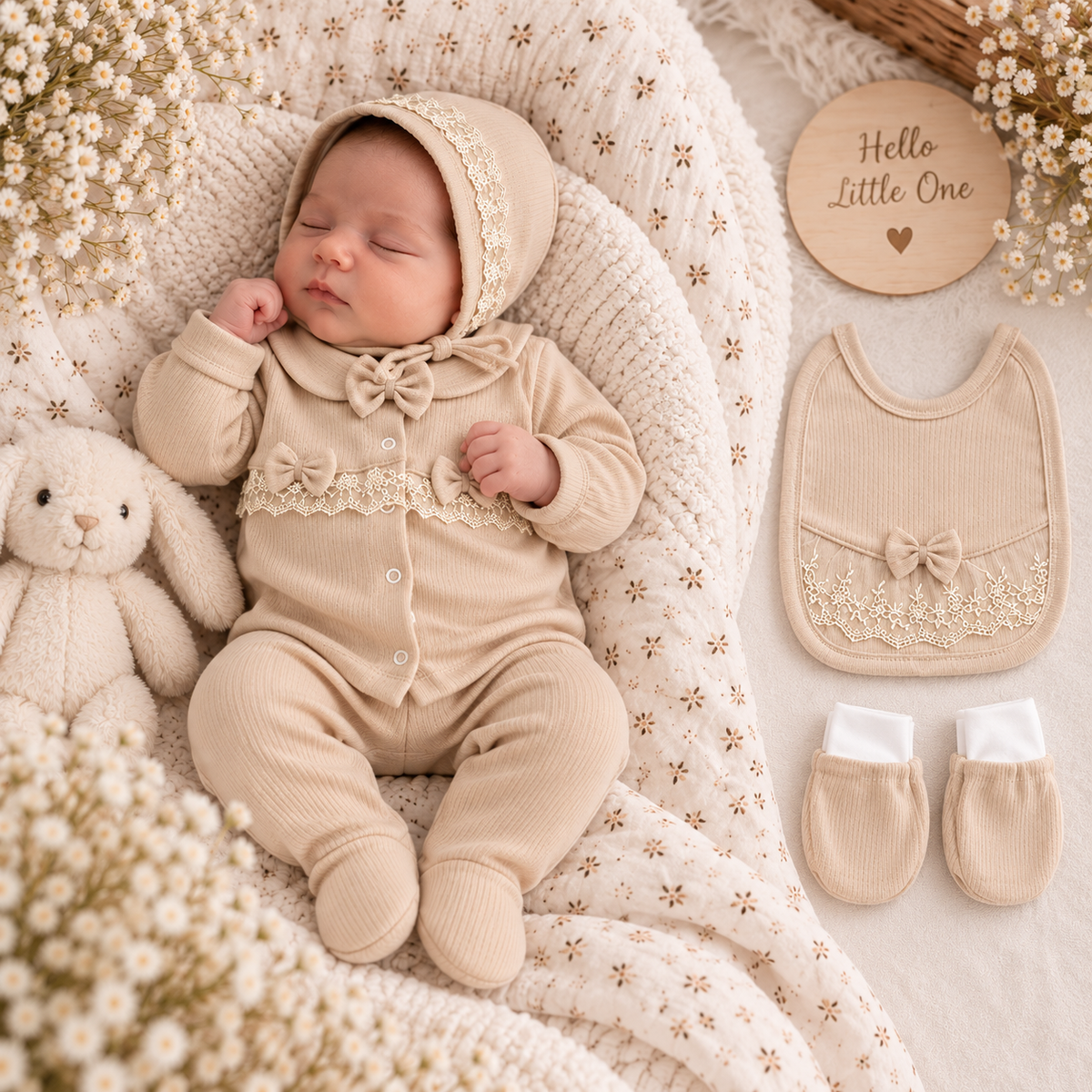 Baby Mädchen Erstlingsset 5-teilig 🎀 | Mit Häubchen & Lätzchen