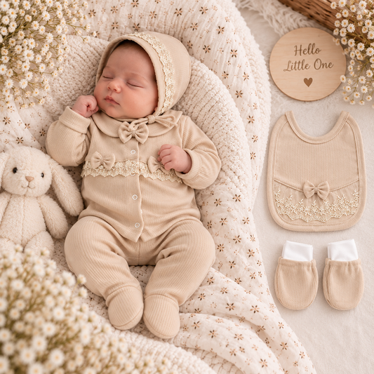 Baby Mädchen Erstlingsset 5-teilig 🎀 | Mit Häubchen & Lätzchen