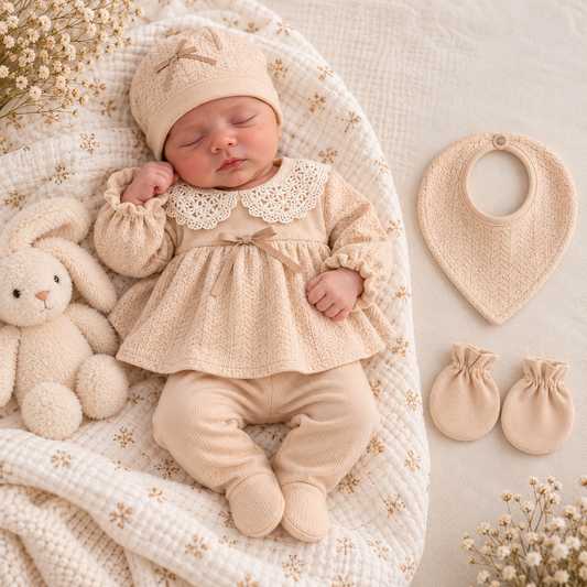 5-teiliges Baby Mädchen Set mit Spitzenkragen – Creme | Elegantes Neugeborenen Outfit