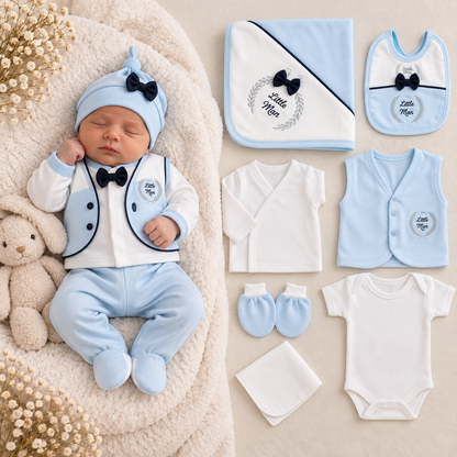 Baby-Erstlingsset 10-teilig – Blau/Weiß mit Schleifen-Details