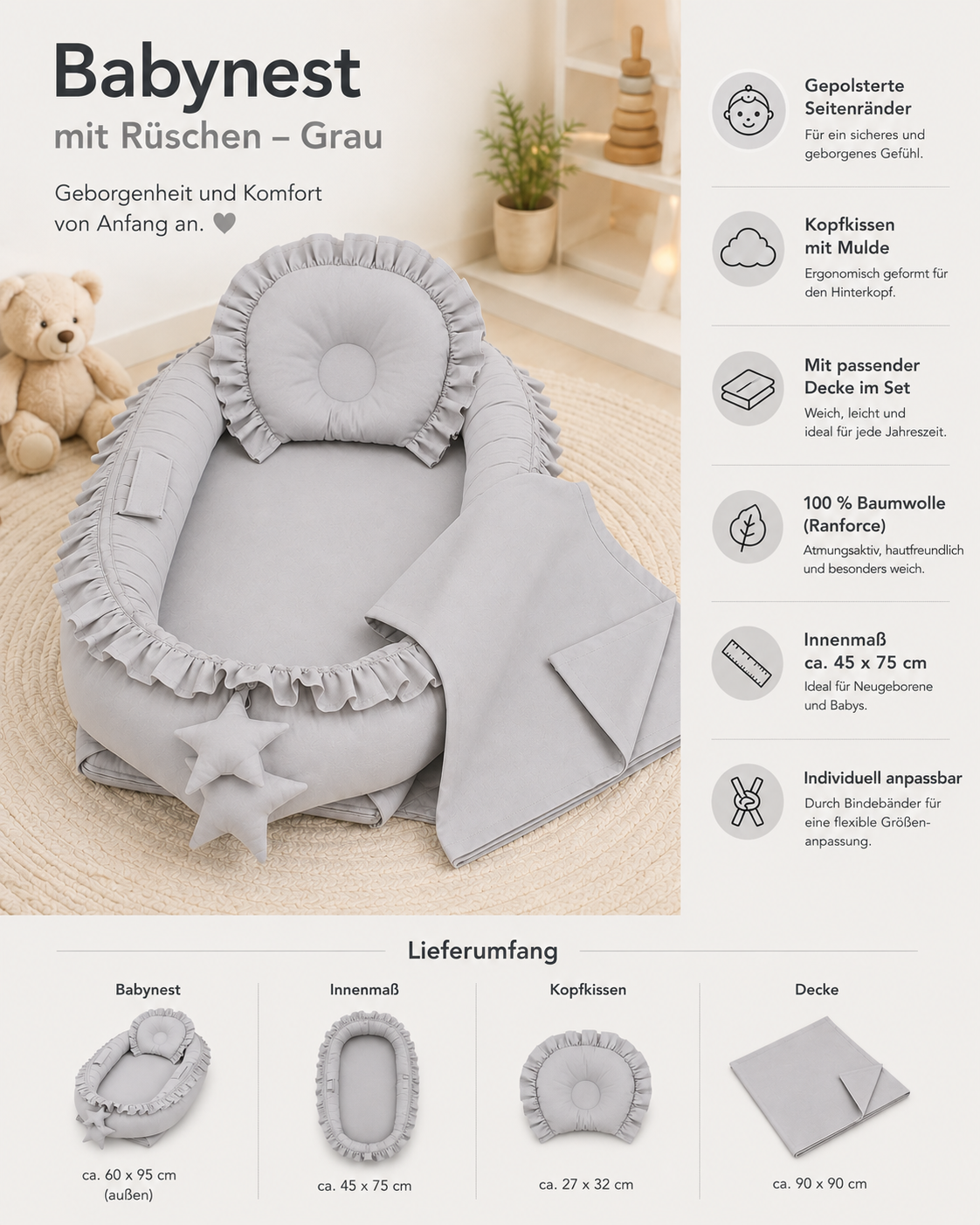 Babynest Rüschen Grau