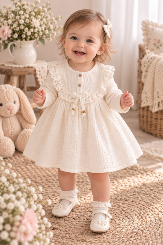 Weißes Muslin-Kleid für Babymädchen – leicht & traumhaft weich 🤍