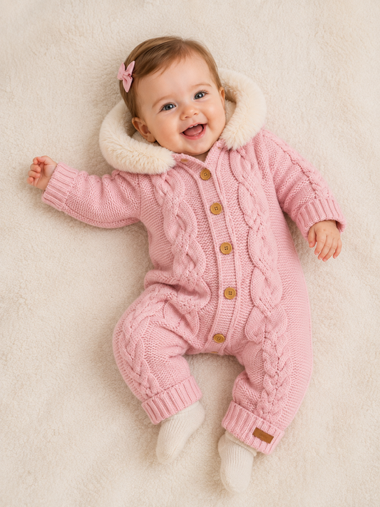 Baby Strickoverall Zopfmuster Fellkragen