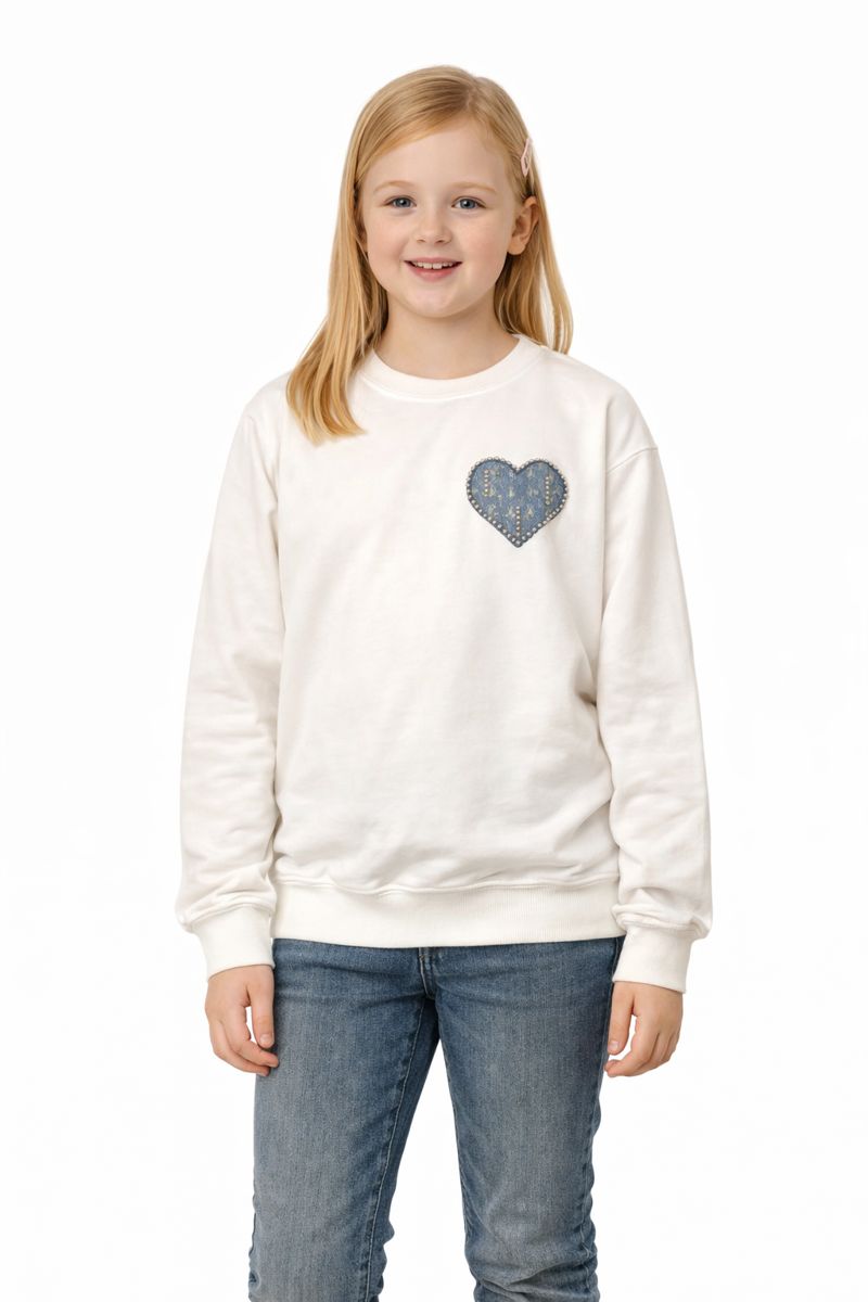 Mädchen Sweatshirt „Denim Heart“ – Edel & Bequem in Weiß 🤍✨