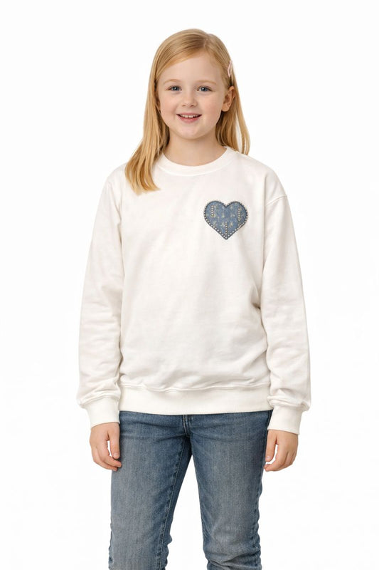 Mädchen Sweatshirt „Denim Heart“ – Edel & Bequem in Weiß 🤍✨