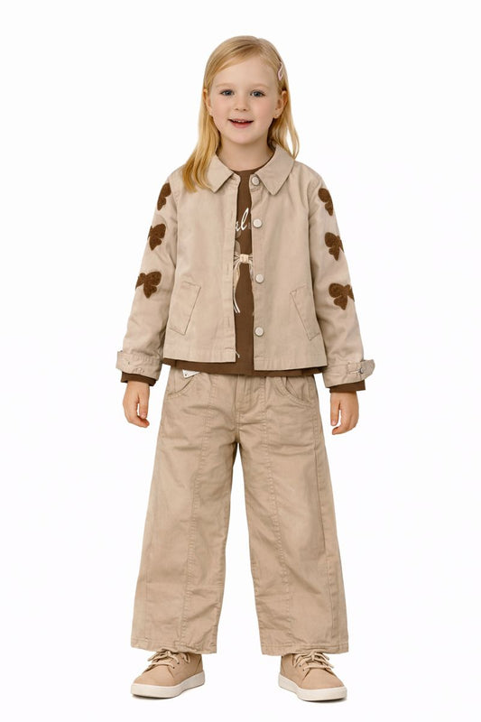 Mädchen 3-teiliges Set – Stylische Jacke, Shirt & Hose im Natur-Look 🧥✨