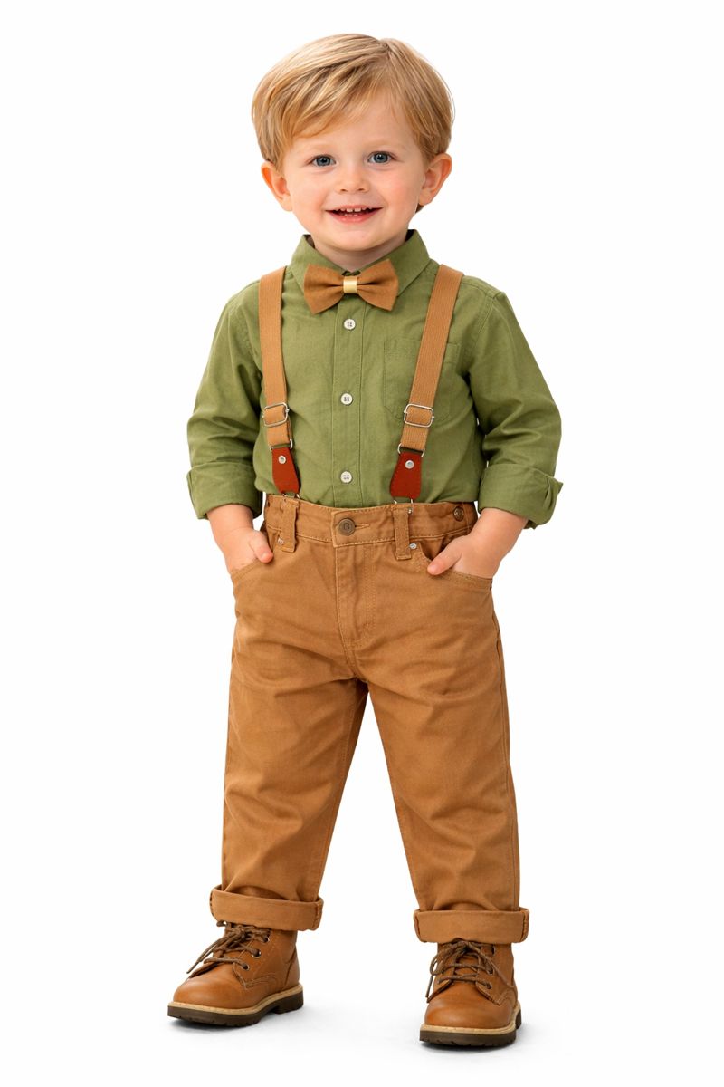 4-teiliges festliches Outfit für Babyjungs – Bodyhemd, Hose, Hosenträger & Fliege 👶🎩