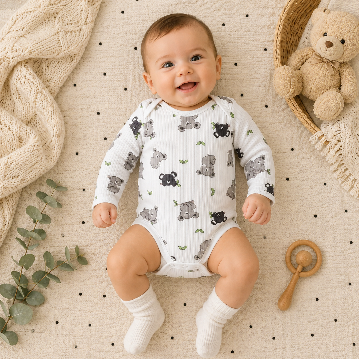 Unisex Baby Body mit Langarm & süßem Koala-Print – weich & bequem