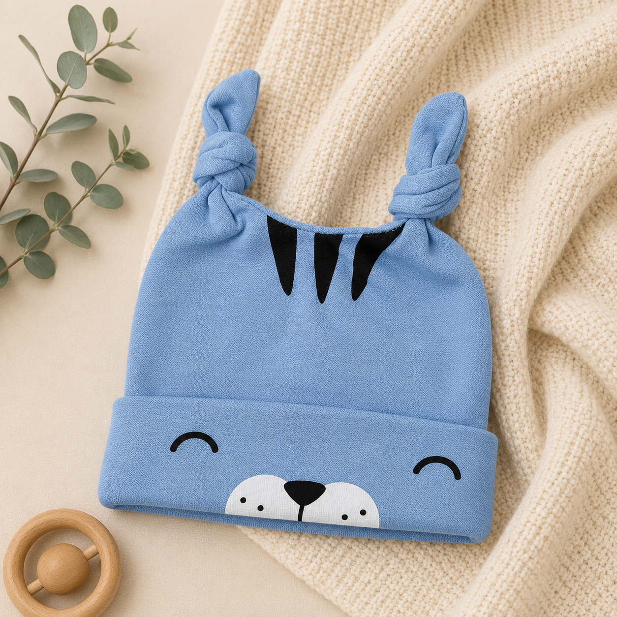 Babymütze mit Katzenmotiv & Knotenohren – 4 Farben erhältlich
