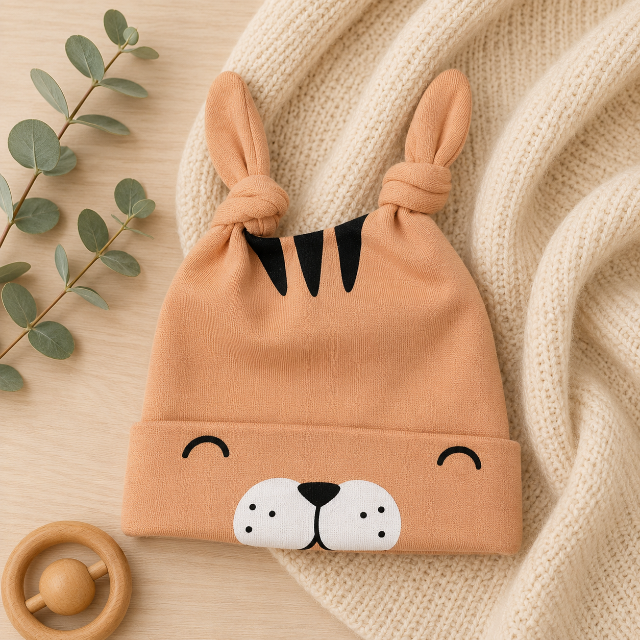 Babymütze mit Katzenmotiv & Knotenohren – 4 Farben erhältlich