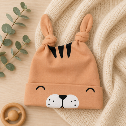 Babymütze mit Katzenmotiv & Knotenohren – 4 Farben erhältlich