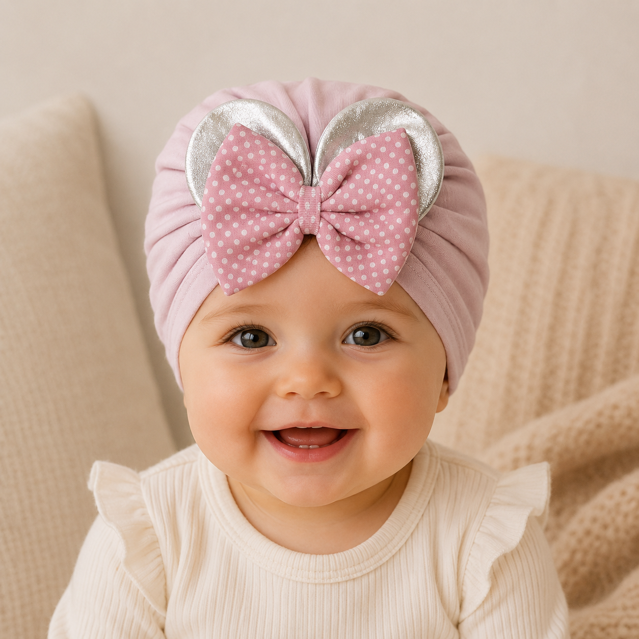 Babymütze mit Schleife & Glitzer-Ohren – 4 Farben erhältlich