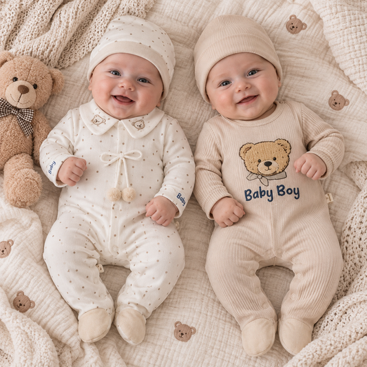 Baby Jungen Set | 2 Strampler & 2 Mützen | Süßes Neugeborenen Outfit