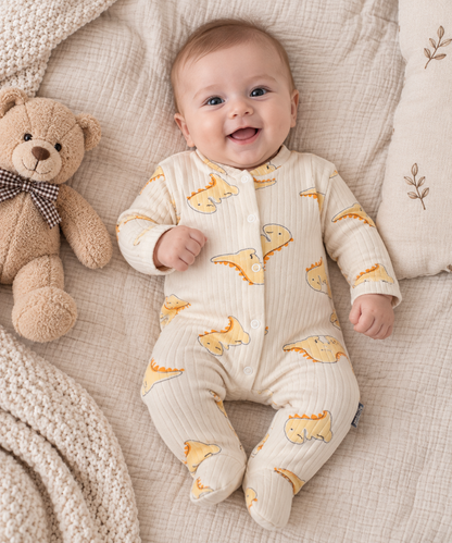 Baby Strampler mit Dinosaurier-Motiv – Cremefarben, Langarm, Baumwolle, mit Fußteil