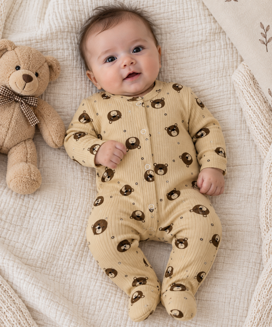 Baby Strampler mit Bärenmuster – Langarm, Beige, weiche Baumwolle, Fußteil