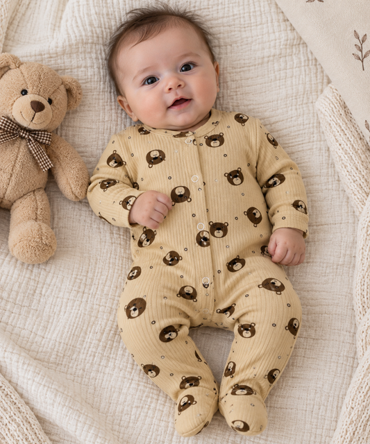 Baby Strampler mit Bärenmuster – Langarm, Beige, weiche Baumwolle, Fußteil