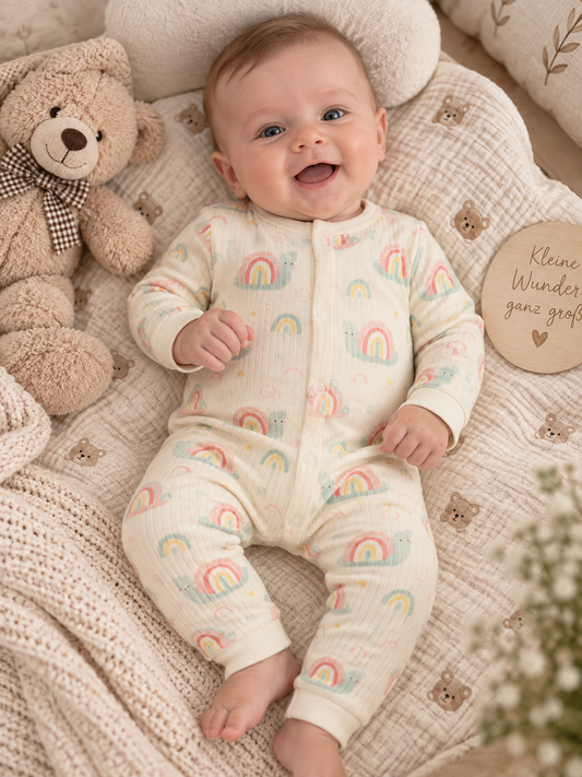 Baby Strampler mit Sternen – Langarm, Baumwolle, Fußteil, cremefarben