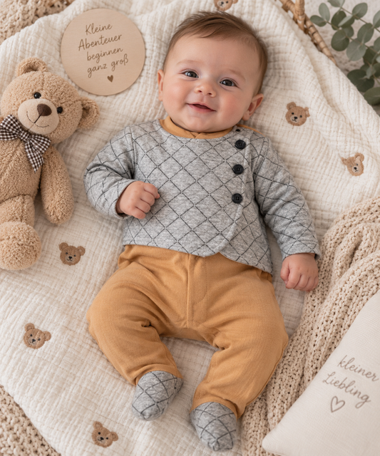 Baby Overall „Karo & Mustard“ – Einteiler mit Füßchen