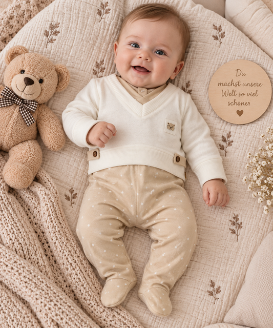 Baby Strampler mit Strickoptik & Pünktchen – Beige/Weiß