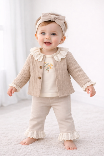 Süßes Baby Mädchen Set mit Strickjacke & Rüschen | 3-teiliges Outfit