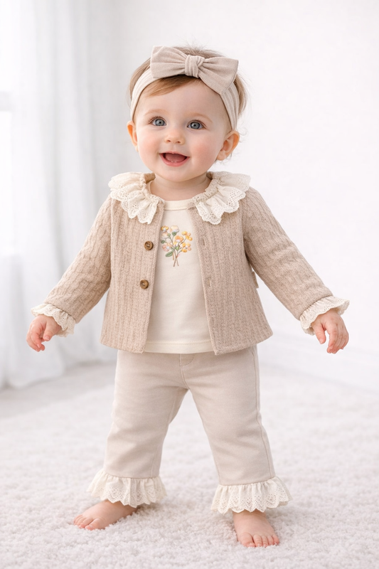 Süßes Baby Mädchen Set mit Strickjacke & Rüschen | 3-teiliges Outfit