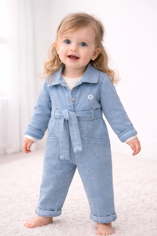 Baby Mädchen Jeans-Overall mit weißem Langarm-Body | 2-teiliges Set
