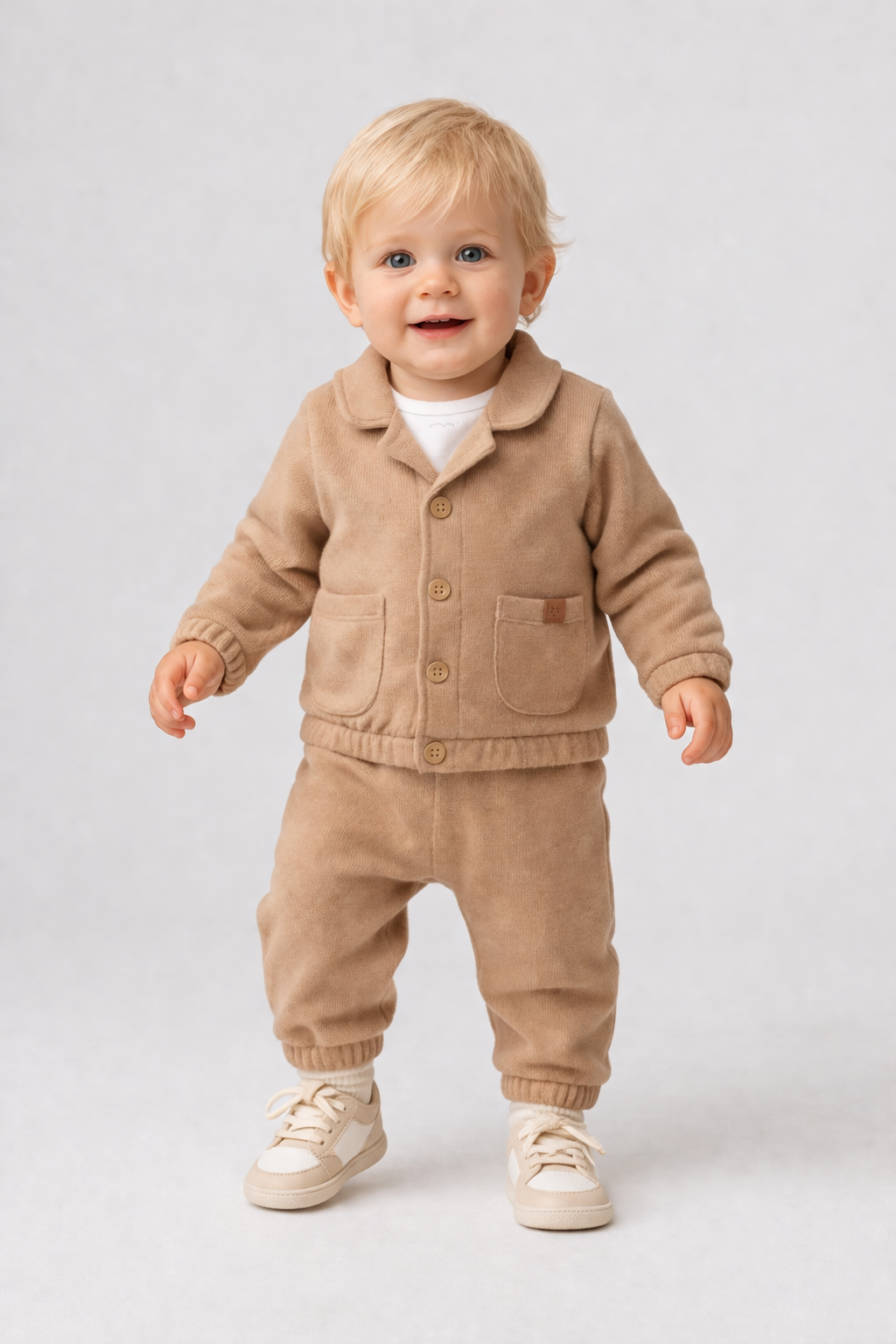 Baby Jungen Set – 3-teilig | Jacke, Langarmshirt & Hose in Beige