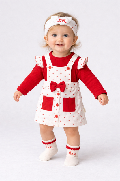 Baby Mädchen 4-teiliges Set – Herzchen Latzkleid mit Oberteil, Stirnband & Socken
