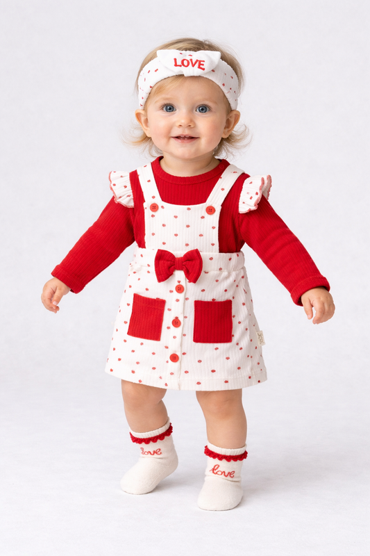 Baby Mädchen 4-teiliges Set – Herzchen Latzkleid mit Oberteil, Stirnband & Socken