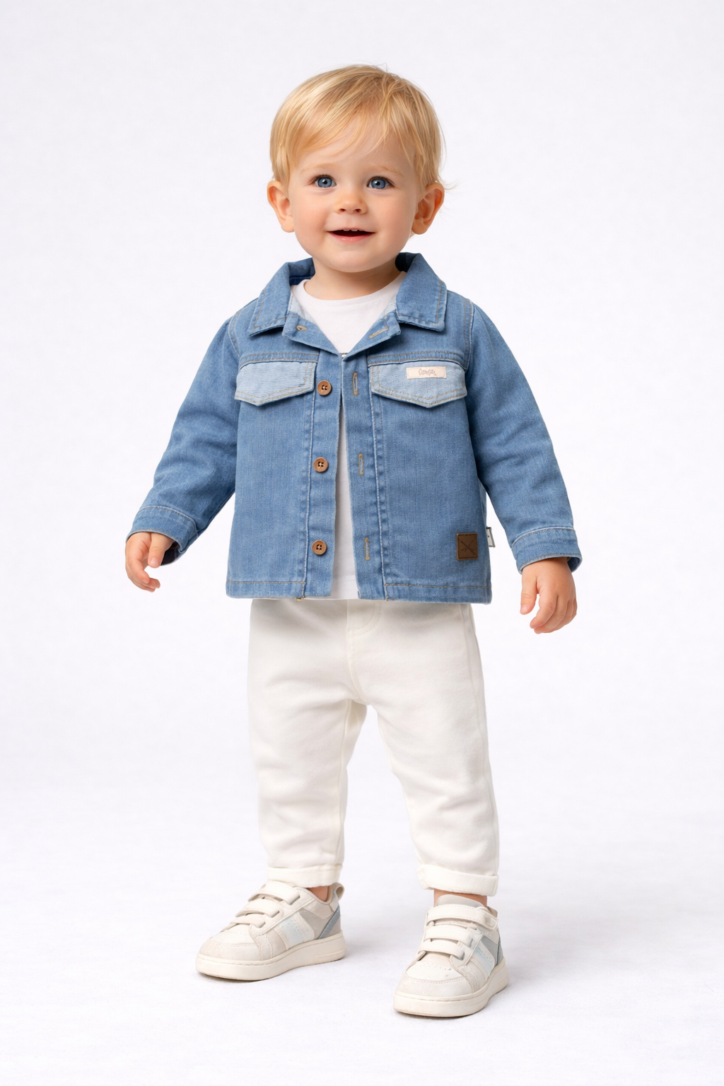 Baby Jungen Outfit Set – Jeansjacke, T-Shirt & Hose in Weiß-Blau (3-teilig)