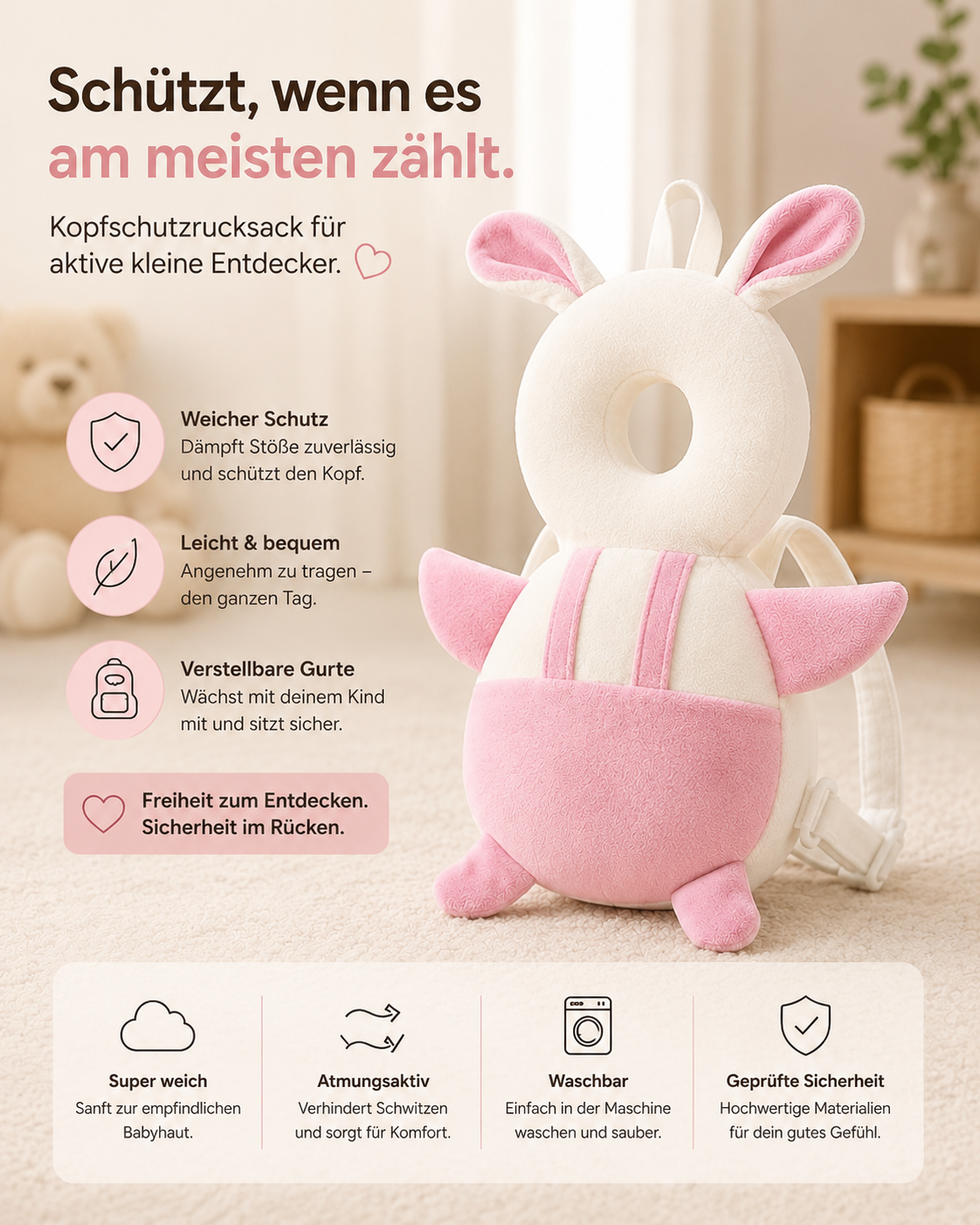 Baby Kopfschutzrucksack Hase