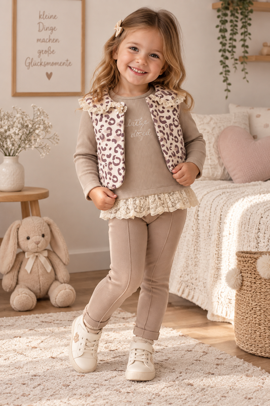 Mädchen 3-teiliges Outfit – Shirt, Hose & Weste mit Leopardenmuster (Beige)