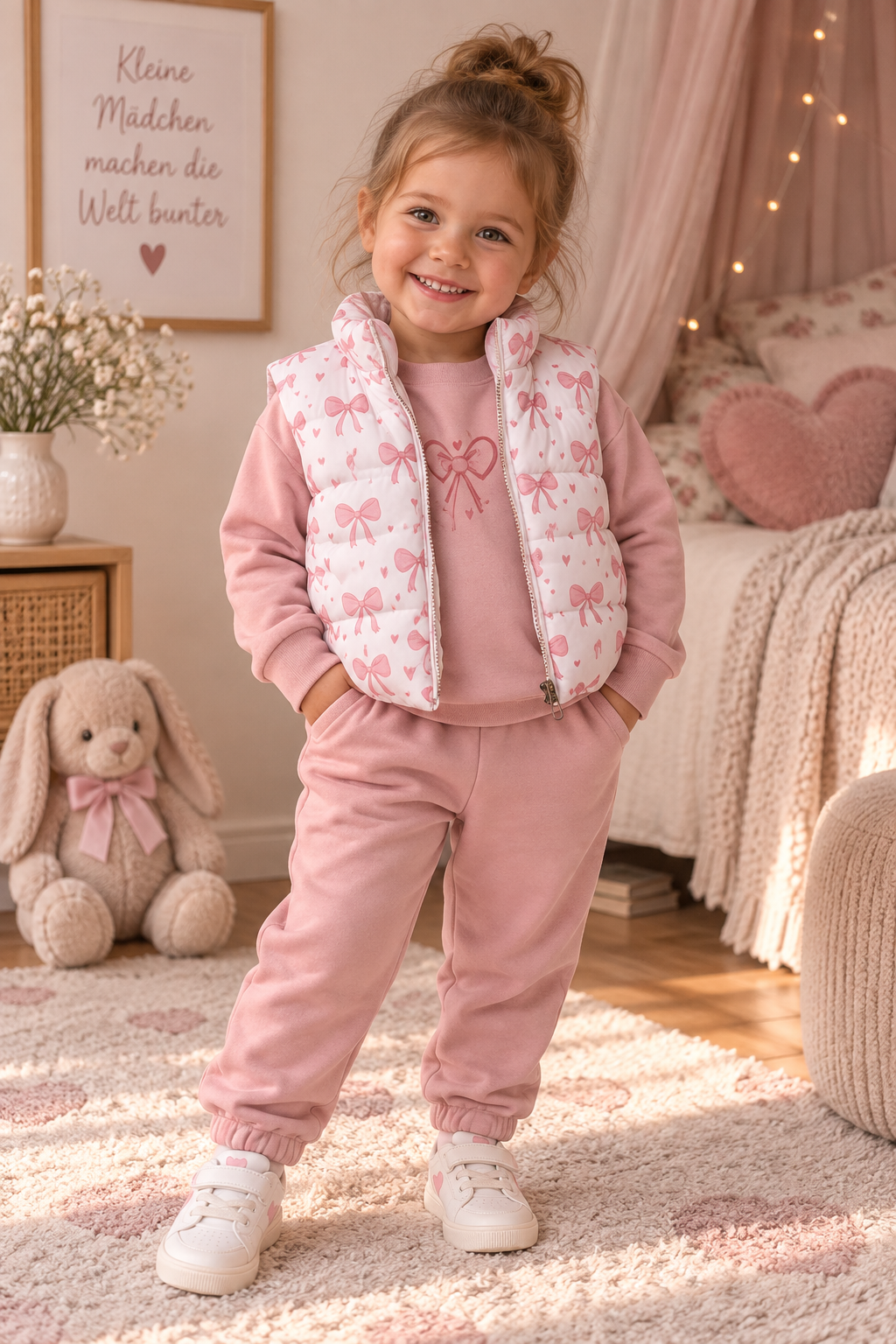 Mädchen Outfit 3-teilig in Rosa – Bequeme Hose, Langarmshirt & Steppweste