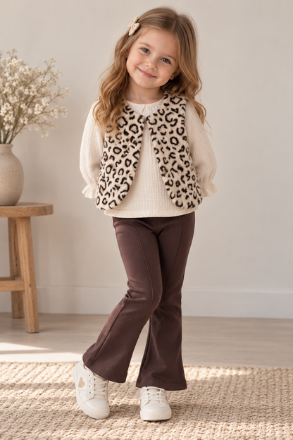 Mädchen 3-teiliges Outfit – Bluse, Hose & Weste mit Leopardenmuster