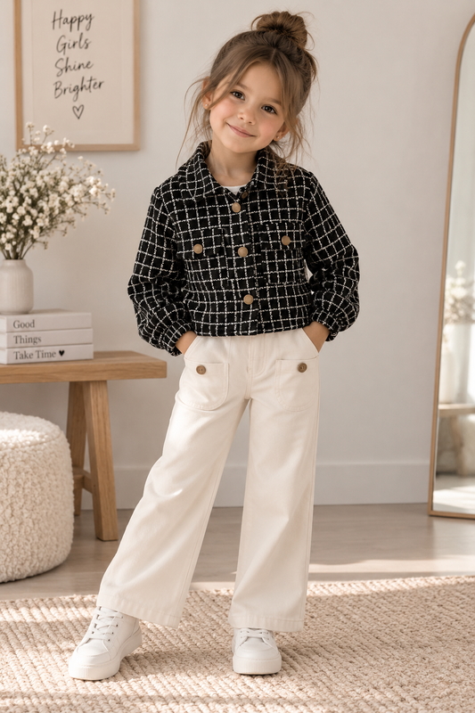 Mädchen Outfit 2-teilig – Schwarze Karojacke & Beige Hose