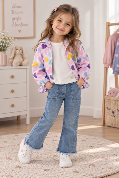 Mädchen 3-teiliges Outfit – Herzchen-Jacke, Langarmshirt & Jeans