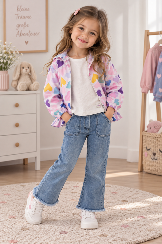 Mädchen 3-teiliges Outfit – Herzchen-Jacke, Langarmshirt & Jeans